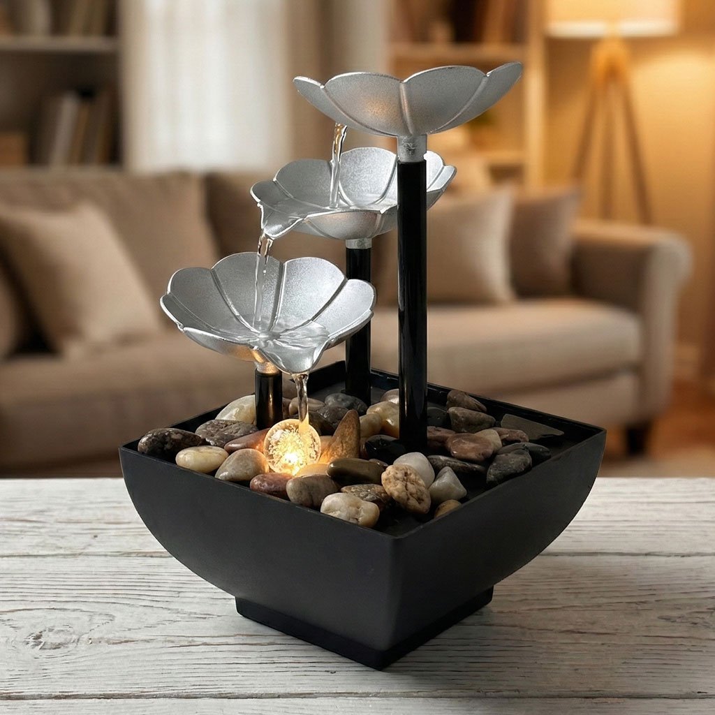 Fontaine Décorative en Forme de Pétales 3 Niveaux avec LED & Pierres – Cascade Zen de Table - الصورة 4