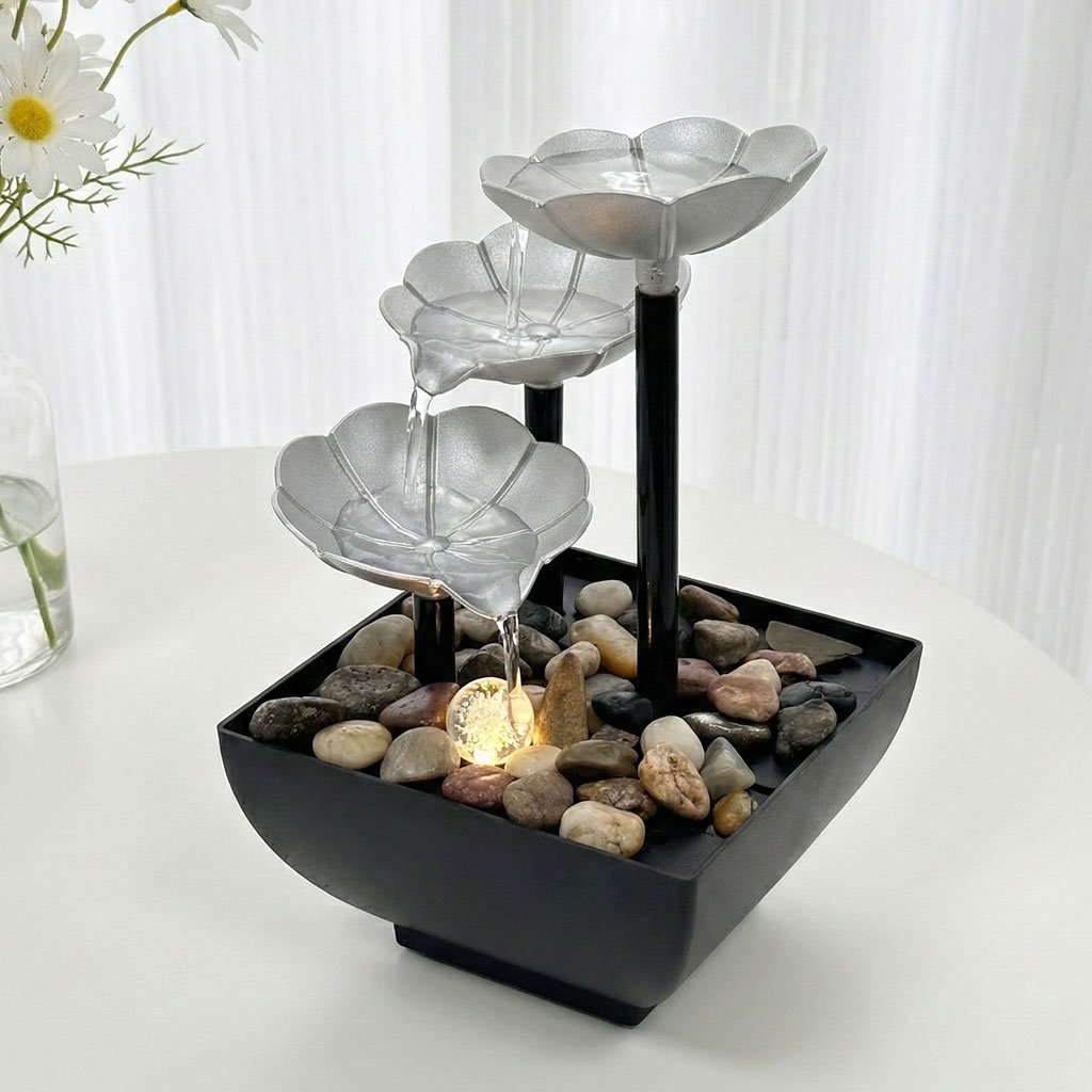 Fontaine Décorative en Forme de Pétales 3 Niveaux avec LED & Pierres – Cascade Zen de Table