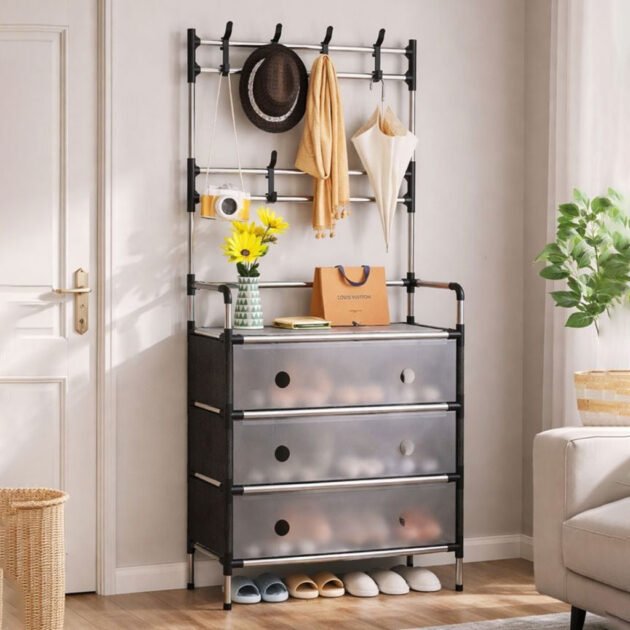 Porte-Chaussures 3 Niveaux avec 8 Crochets Doubles – Organisateur d’Entrée Multifonction
