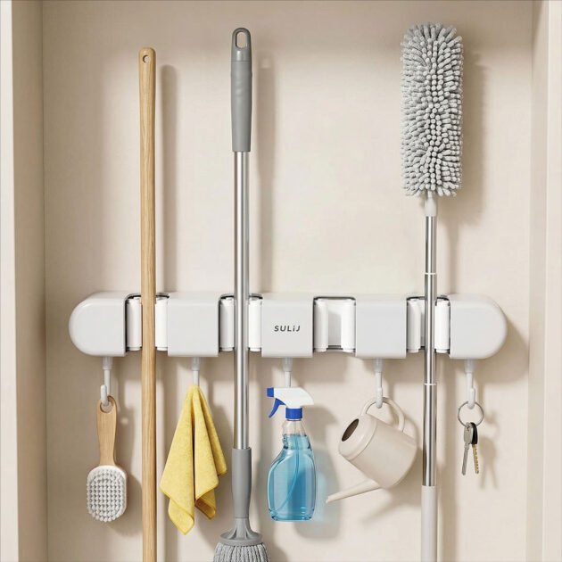 Support mural pour balai avec Crochets pour serpillière – Organisation Pratique & Gain d’Espace