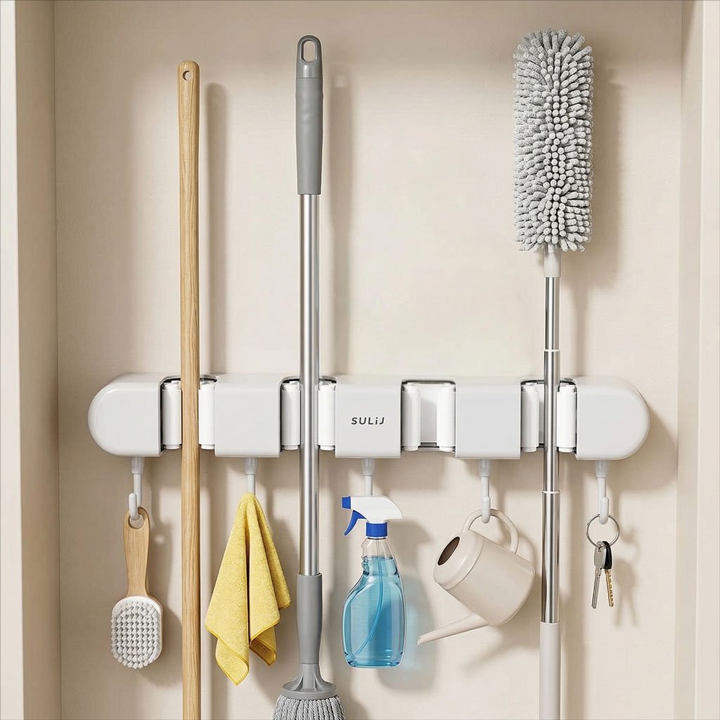 Support mural pour balai avec Crochets pour serpillière – Organisation Pratique & Gain d’Espace