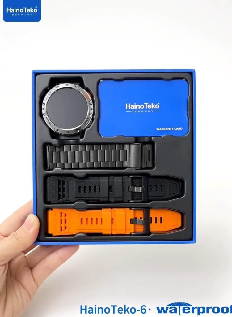 HainoTeko-6 avec écran AMOLED 3 paires de bracelets et lampe torche intégrée – Une montre intelligente alliant style et technologie