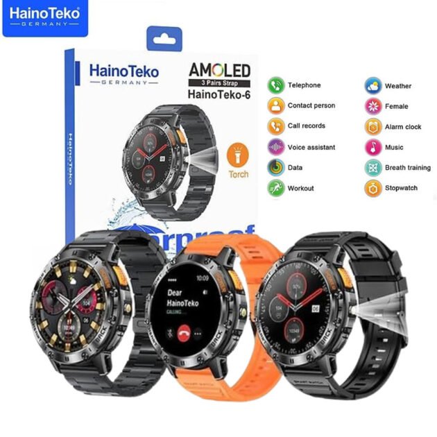 HainoTeko-6 avec écran AMOLED 3 paires de bracelets et lampe torche intégrée – Une montre intelligente alliant style et technologie
