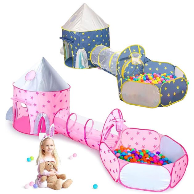 Tente de jeu 3 pièces pour enfants Château et Tunnel avec piscine – Un monde d’aventures magique pour les petits explorateurs
