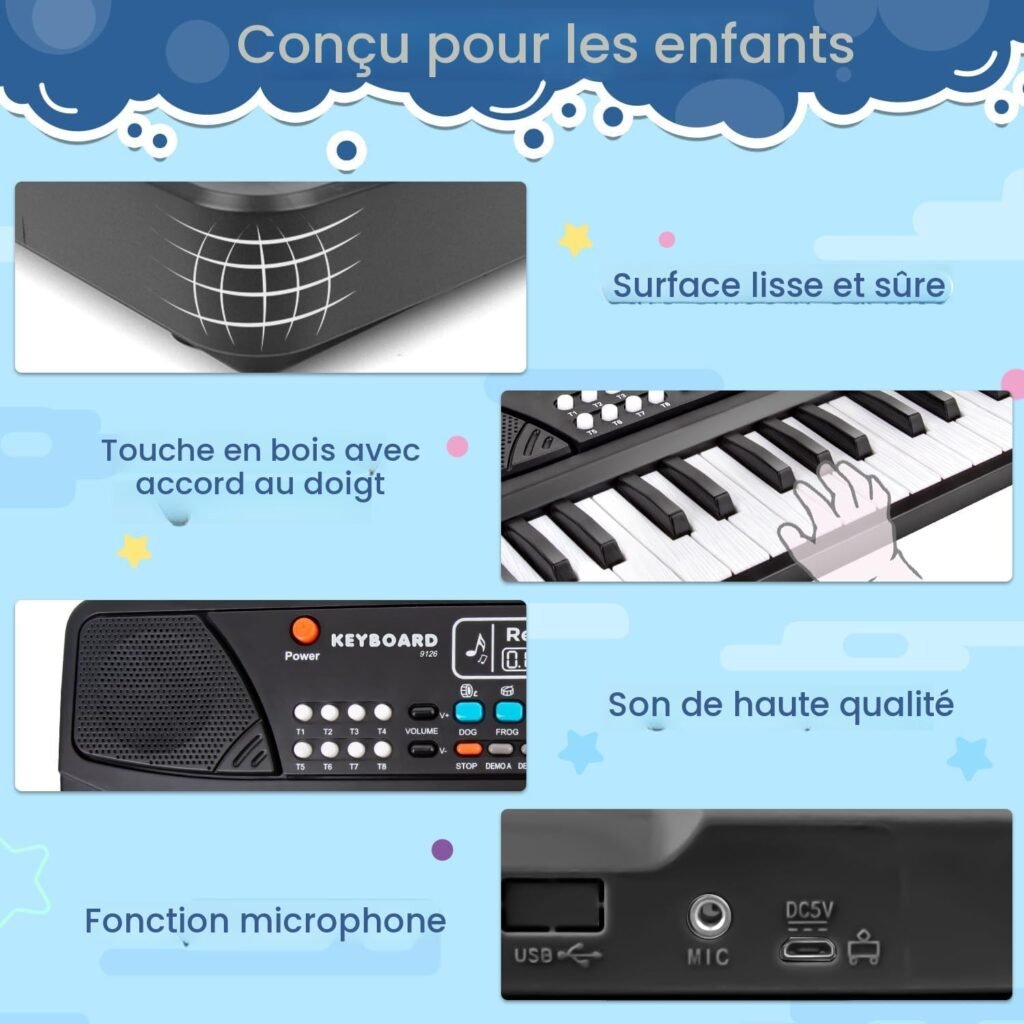 Piano éducatif à clavier électronique pour enfants, avec microphone et 37 touches