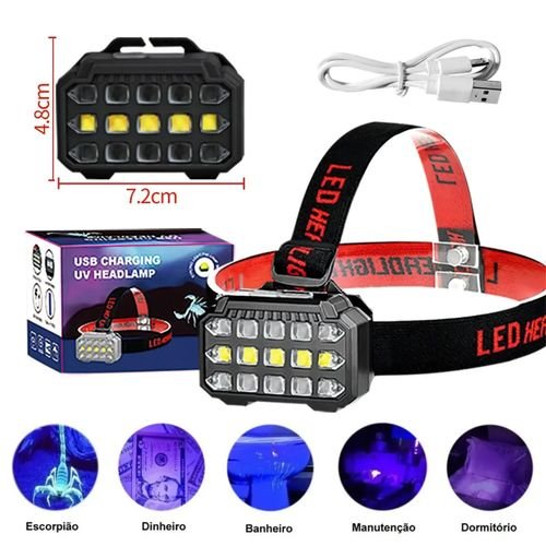 Lampe frontale LED rechargeable SQ-818-UV avec lumière UV – Éclairage mains libres puissant