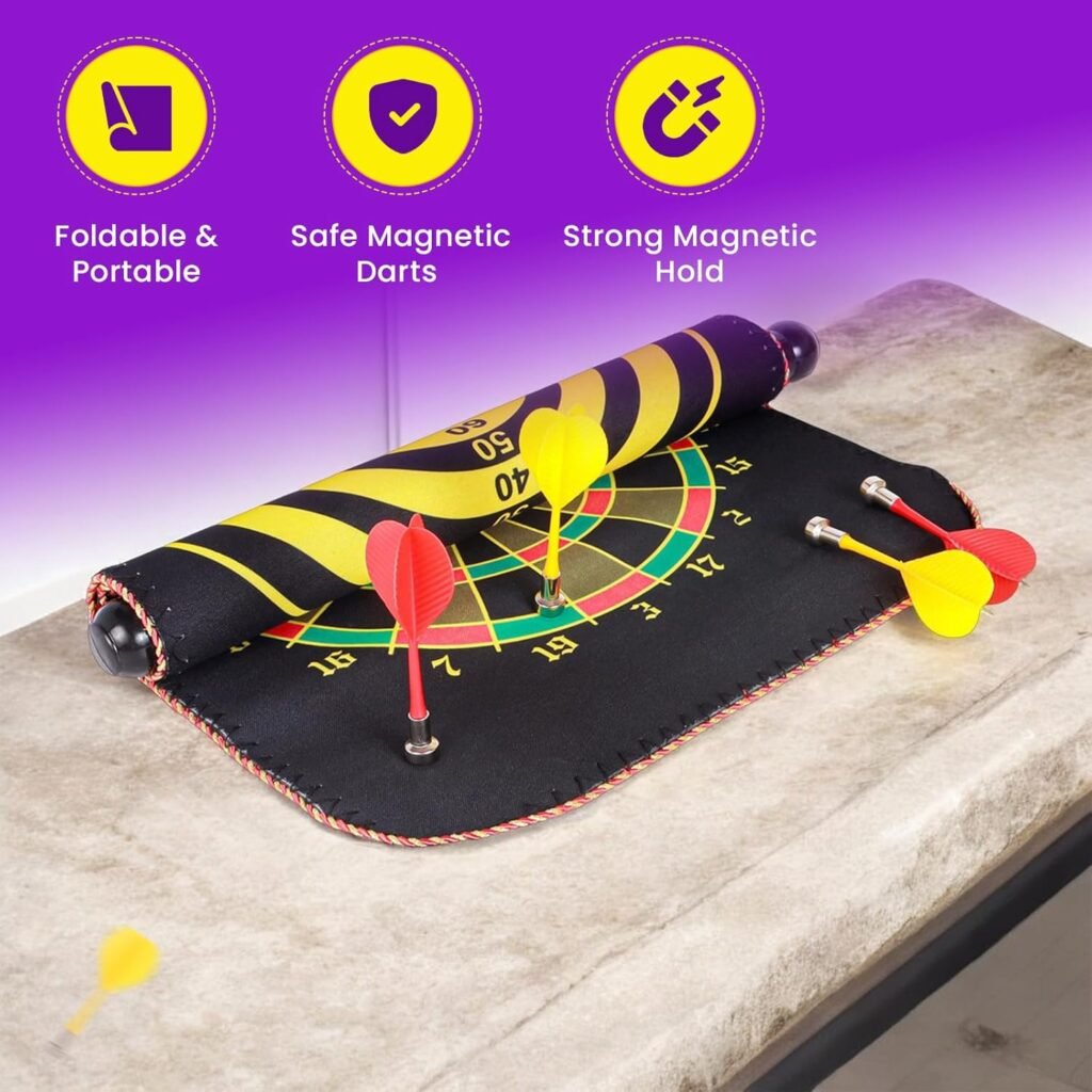 Jeu de fléchettes magnétique avec cible enroulable double face – 6 fléchettes incluses
