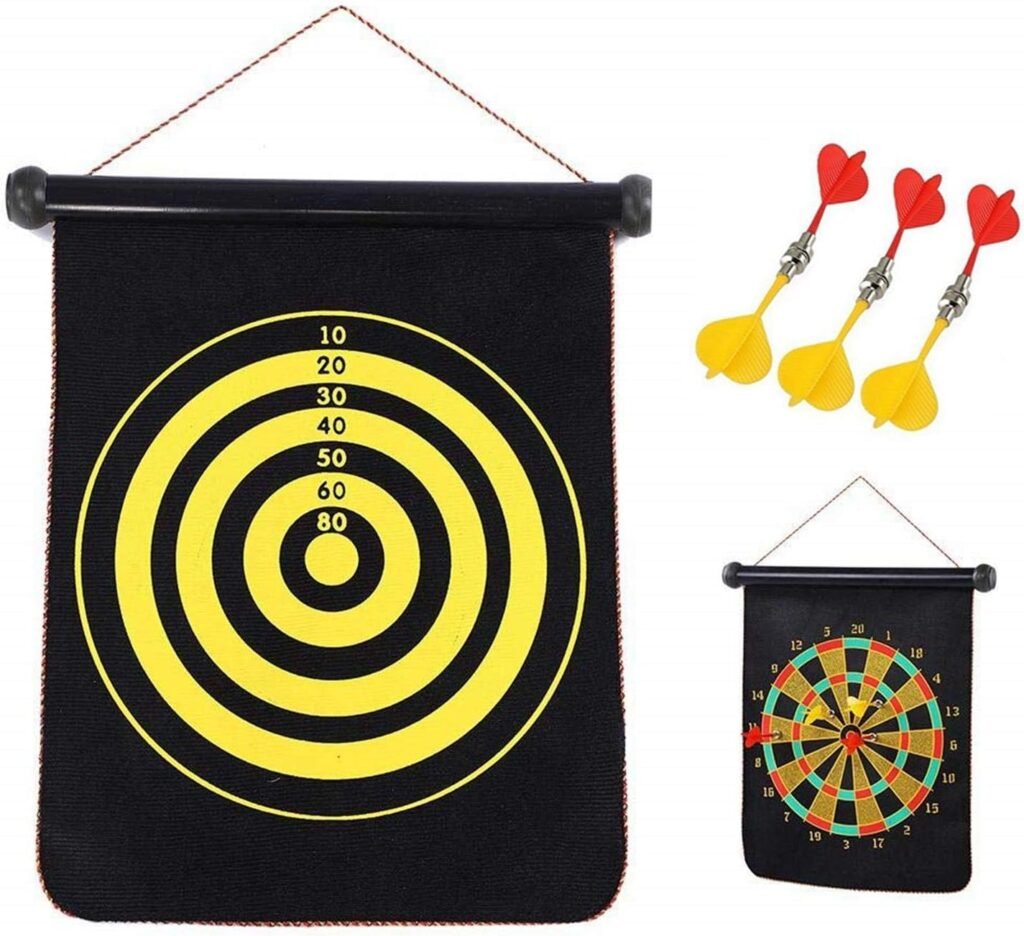 Jeu de fléchettes magnétique avec cible enroulable double face – 6 fléchettes incluses