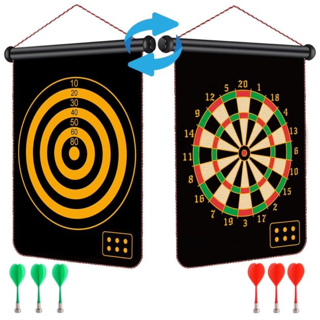 Jeu de fléchettes magnétique avec cible enroulable double face – 6 fléchettes incluses