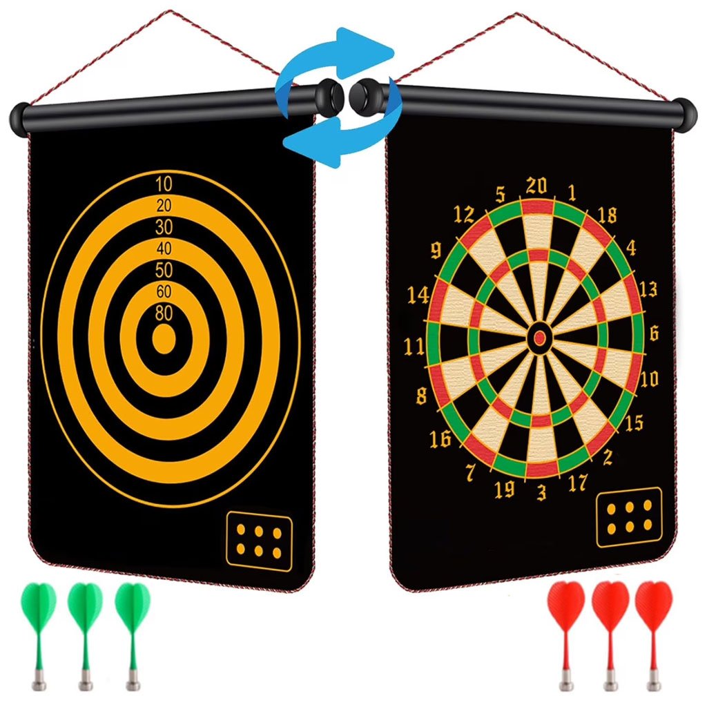 Jeu de fléchettes magnétique avec cible enroulable double face – 6 fléchettes incluses