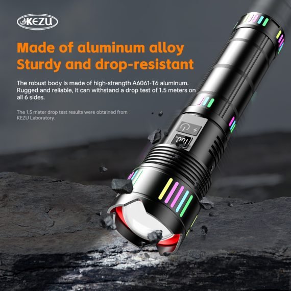 Lampe torche tactique ultra-puissante 2000 lumens – Portée 600m avec batterie haute capacité