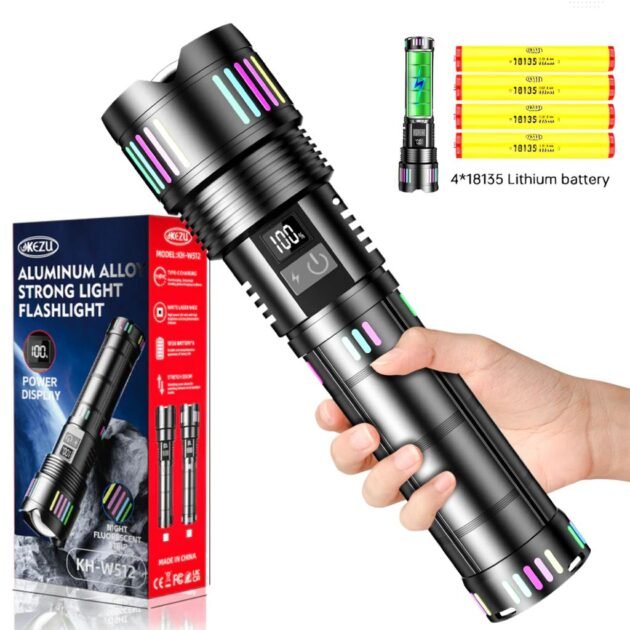 Lampe torche tactique ultra-puissante 2000 lumens – Portée 600m avec batterie haute capacité