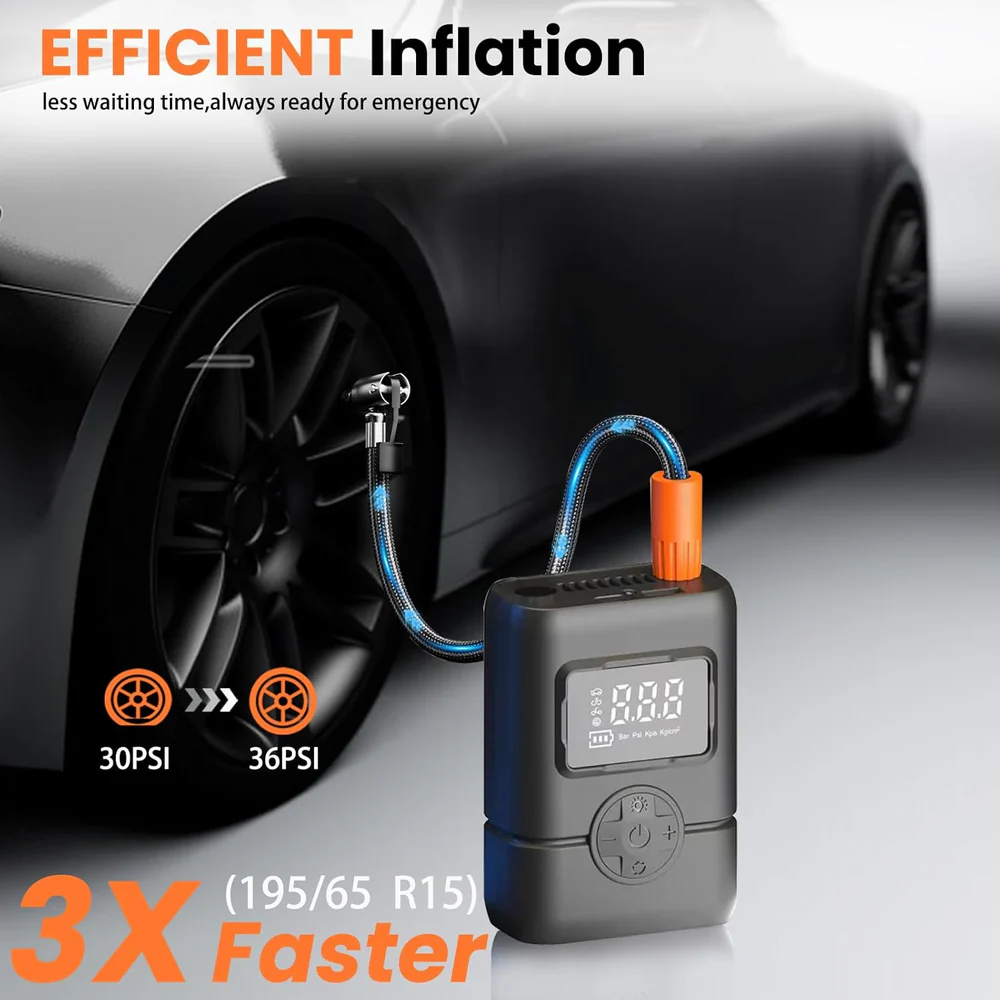 Gonfleur de pneus portable sans fil avec manomètre et arrêt automatique – Puissance et sécurité