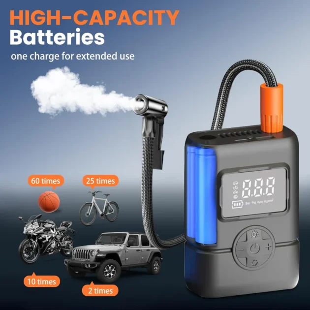 Gonfleur de pneus portable sans fil avec manomètre et arrêt automatique – Puissance et sécurité