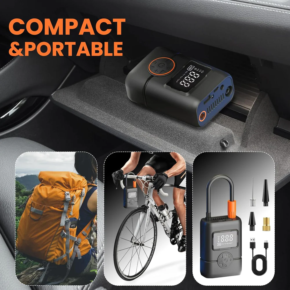Gonfleur de pneus portable sans fil avec manomètre et arrêt automatique – Puissance et sécurité