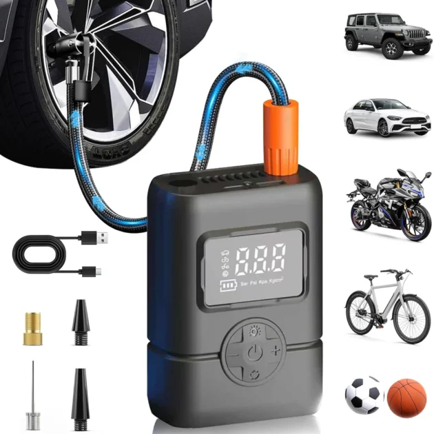 Gonfleur de pneus portable sans fil avec manomètre et arrêt automatique – Puissance et sécurité