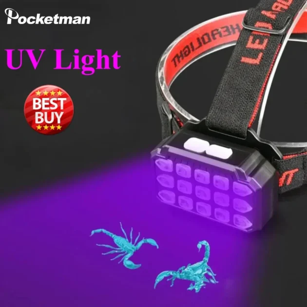 Lampe frontale LED rechargeable SQ-818-UV avec lumière UV – Éclairage mains libres puissant