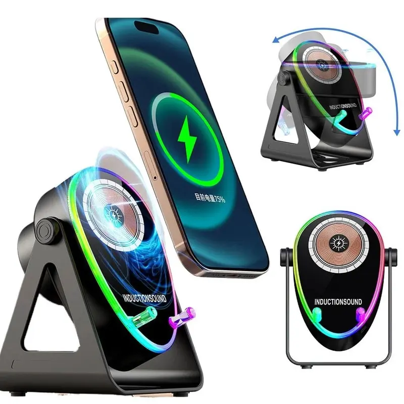Haut-Parleur Intelligent 4-en-1 RGB à Induction – Enceinte Bluetooth, Support & Charge Sans Fil