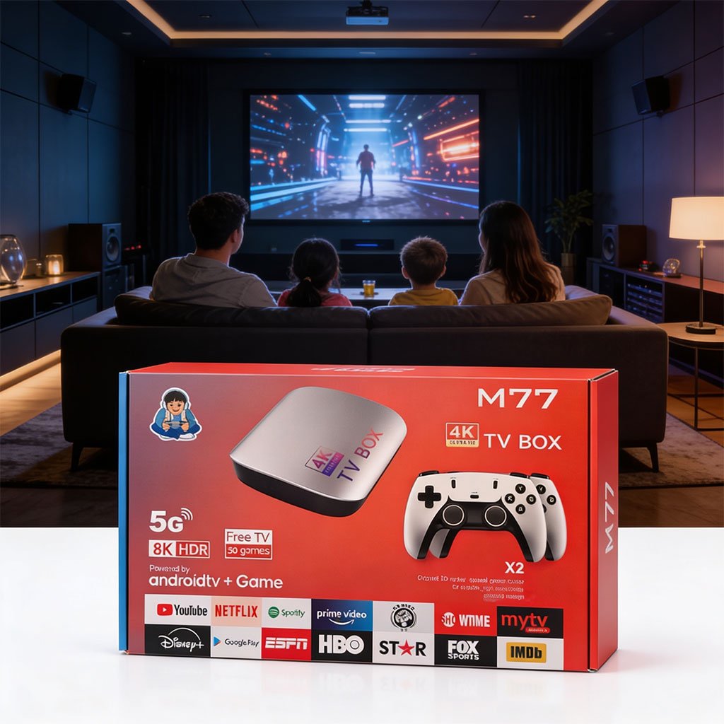 TV Box & Game Console M77 Ultra HD avec Deux Manettes et Télécommande – Centre de divertissement Android & Gaming