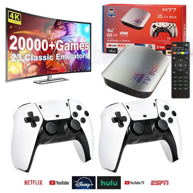 TV Box & Game Console M77 Ultra HD avec Deux Manettes et Télécommande – Centre de divertissement Android & Gaming