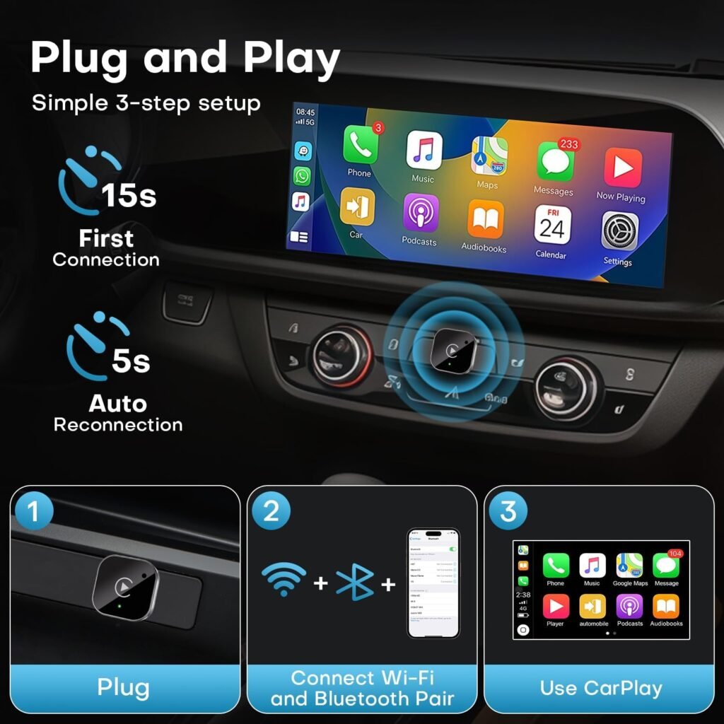 Adaptateur Sans Fil CarPlay et Android Auto 2 en 1 – Connexion Instantanée et Stable
