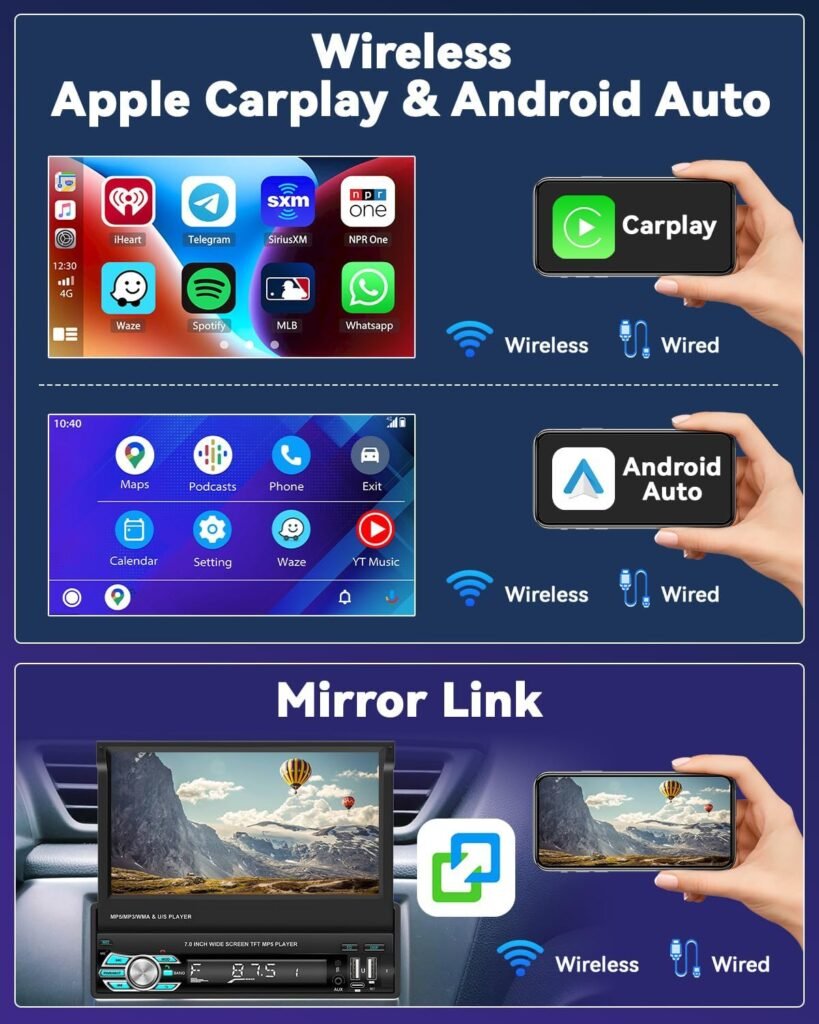 Autoradio Rétractable Tactile 7 Pouces Wireless CarPlay Android Auto 32+2GB – Expérience Multimédia Intelligente, Connectée et Premium