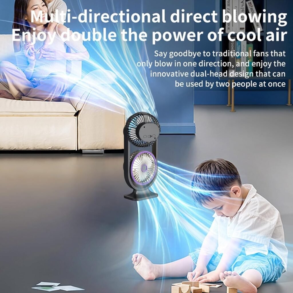 Ventilateur de Bureau Double Tête Rechargeable USB – Fraîcheur Puissante, Silencieuse et Portable