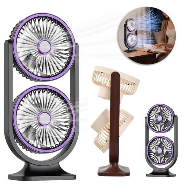 Ventilateur de Bureau Double Tête Rechargeable USB – Fraîcheur Puissante, Silencieuse et Portable