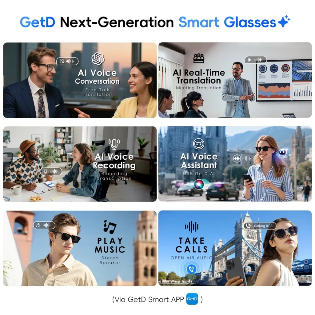 Lunettes connectées Traduction IA & Audio — Communication et confort