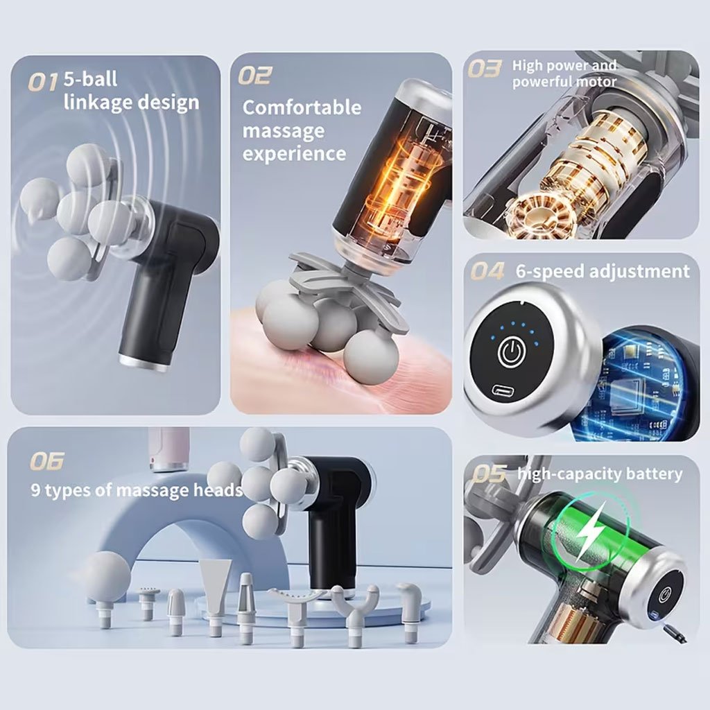 Pistolet de massage professionnel avec 9 têtes interchangeables — Relaxation totale