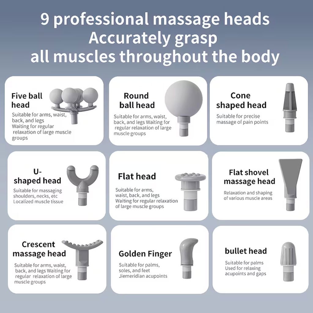 Pistolet de massage professionnel avec 9 têtes interchangeables — Relaxation totale