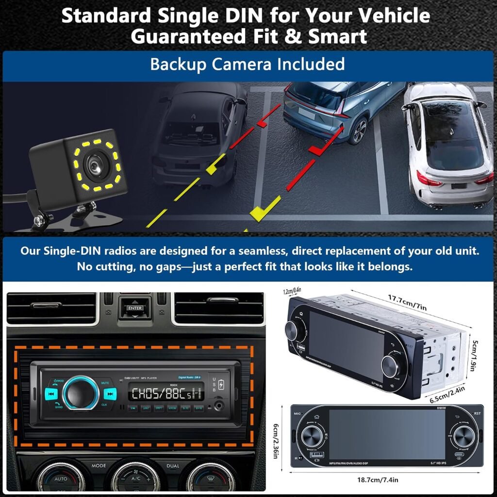 Autoradio 1Din Écran Tactile 5" IPS  Apple CarPlay et Android Auto