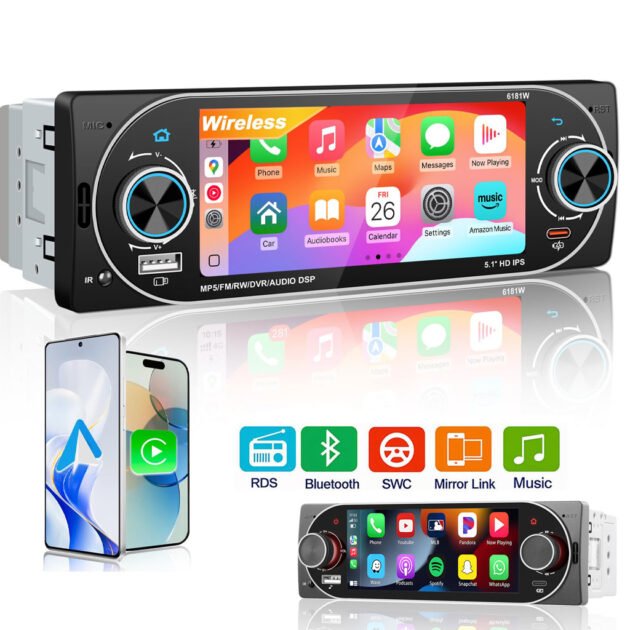 Autoradio 1Din Écran Tactile 5" IPS  Apple CarPlay et Android Auto