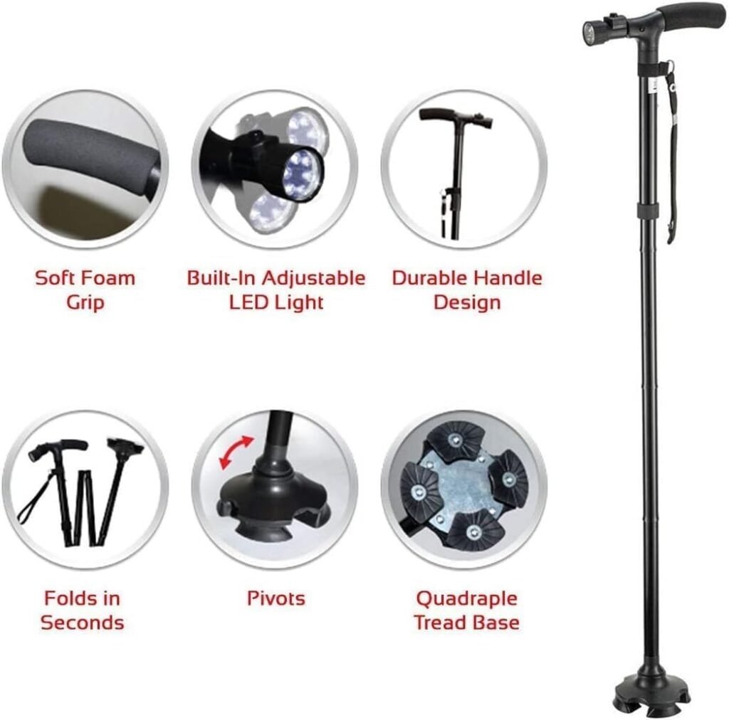 Canne de marche pliable avec lampe LED — pour une marche sécurisée