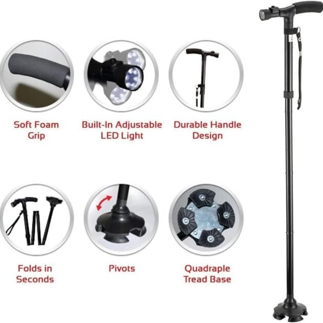 Canne de marche pliable avec lampe LED — pour une marche sécurisée