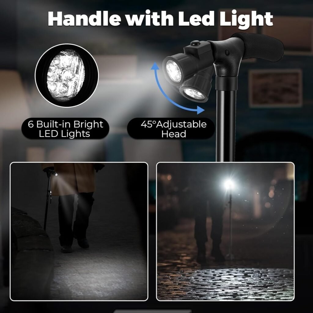 Canne de marche pliable avec lampe LED — pour une marche sécurisée