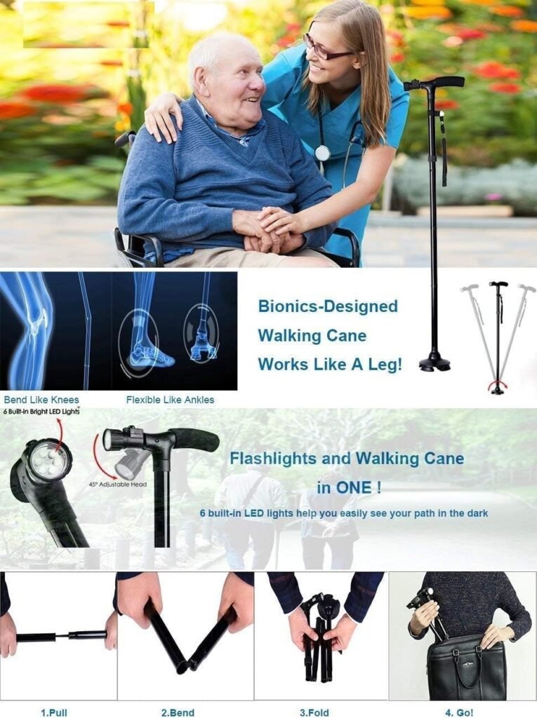 Canne de marche pliable avec lampe LED — pour une marche sécurisée