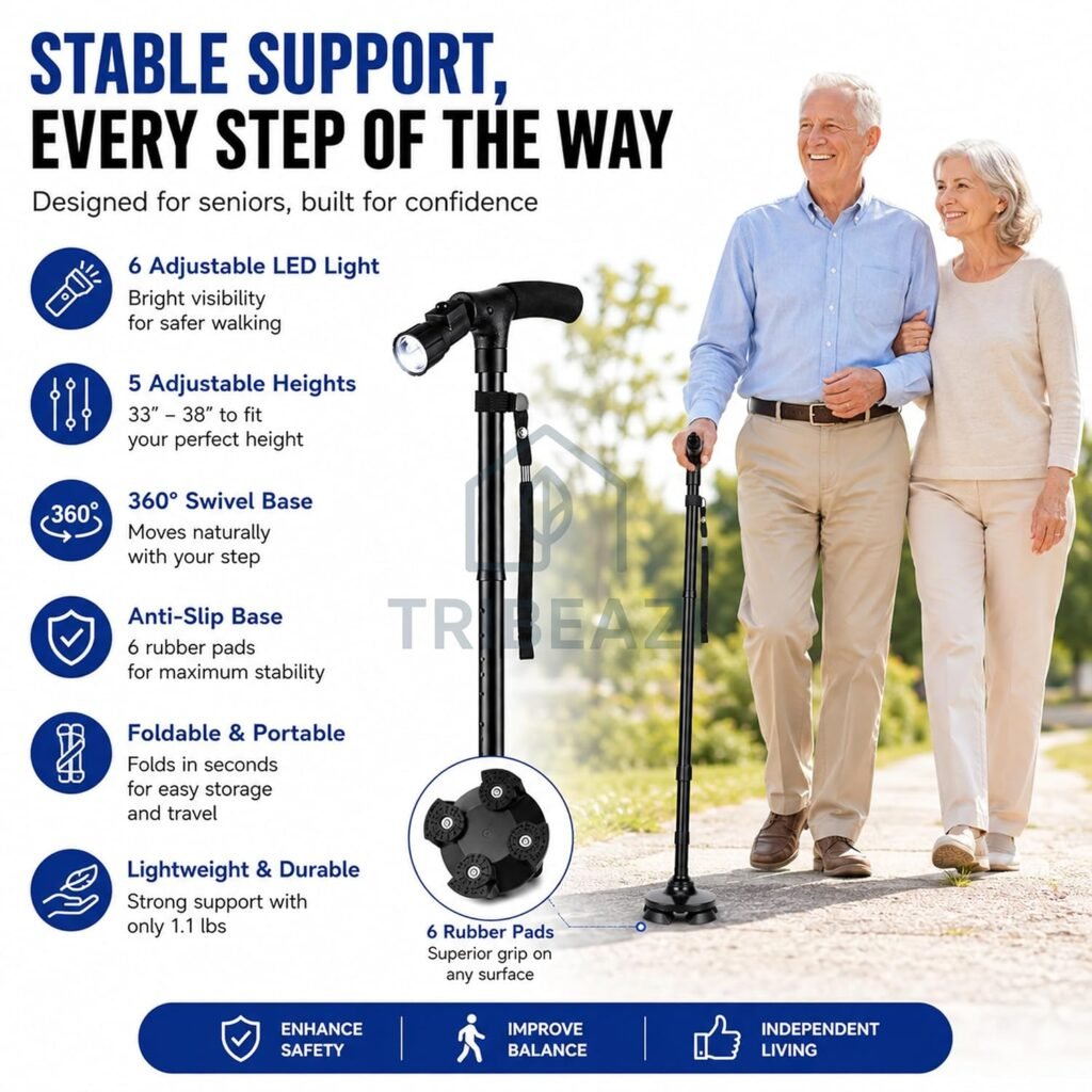 Canne de marche pliable avec lampe LED — pour une marche sécurisée