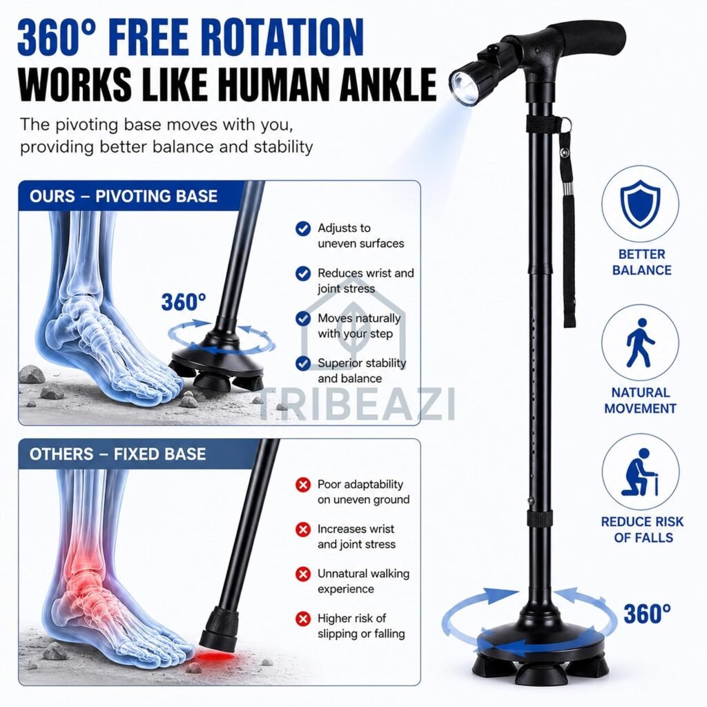 Canne de marche pliable avec lampe LED — pour une marche sécurisée