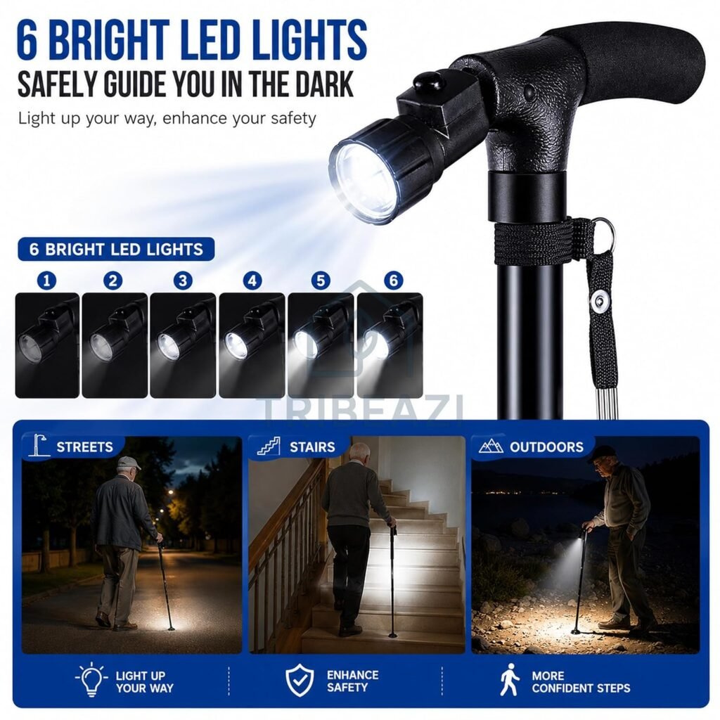 Canne de marche pliable avec lampe LED — pour une marche sécurisée