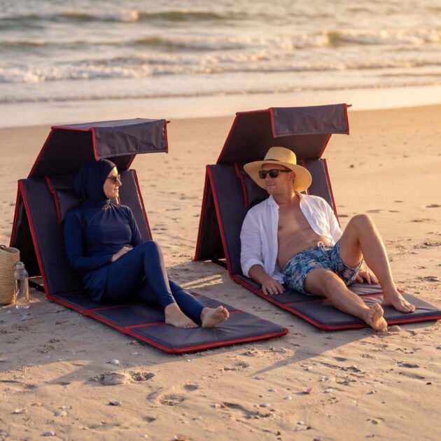 Chaise longue de plage pliable avec pare-soleil et oreiller intégré — confort et protection optimale