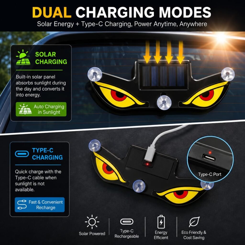 Lampe de signalisation fenêtre voiture effet Devil Eye solaire et USB-C