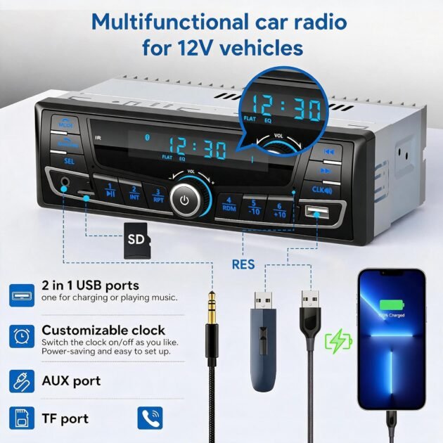 Autoradio Bluetooth 1-DIN DSP Égaliseur 7 Couleurs - SP0707