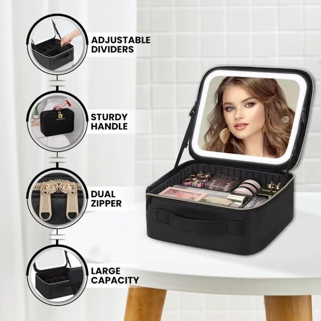 Trousse de voyage maquillage LED 3 modes d'éclairage — Organisation pratique et miroir intégré