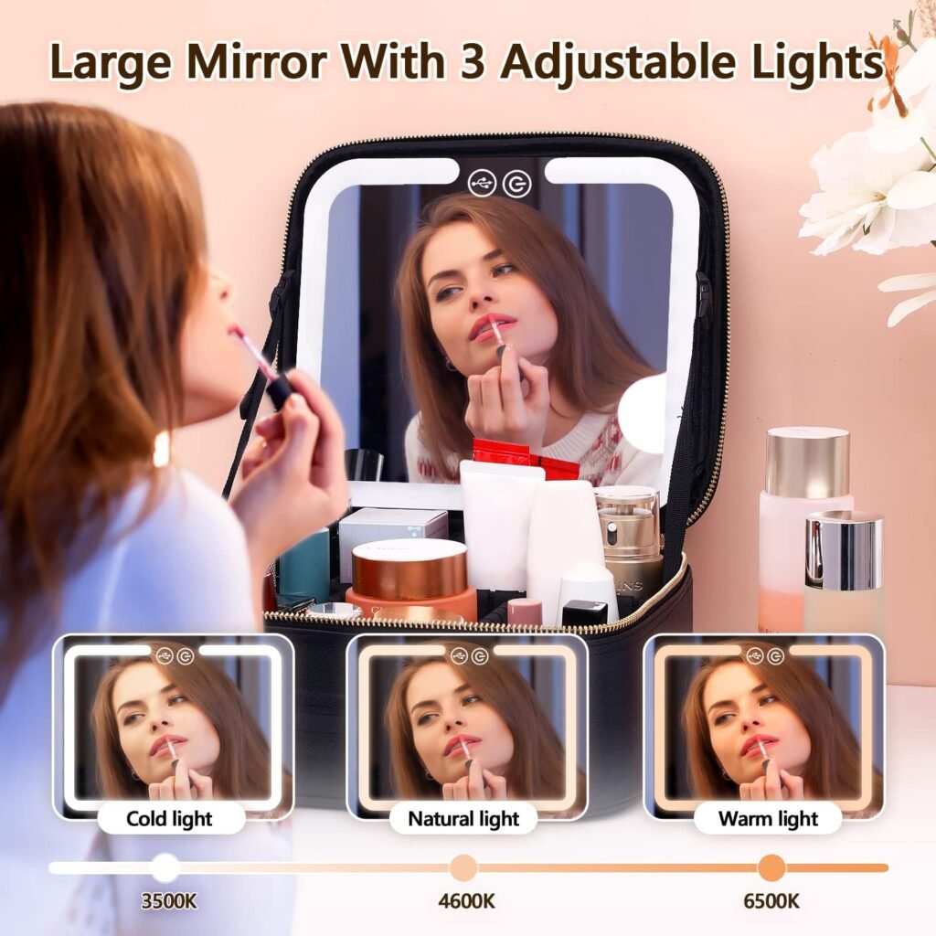 Trousse de voyage maquillage LED 3 modes d'éclairage — Organisation pratique et miroir intégré