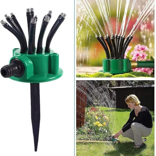 Arroseur de Jardin Rotatif 360° Multidirectionnel avec 12 Tuyaux Flexibles – Arrosage Intelligent & Uniforme
