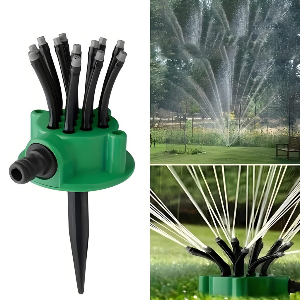 Arroseur de Jardin Rotatif 360° Multidirectionnel avec 12 Tuyaux Flexibles – Arrosage Intelligent & Uniforme