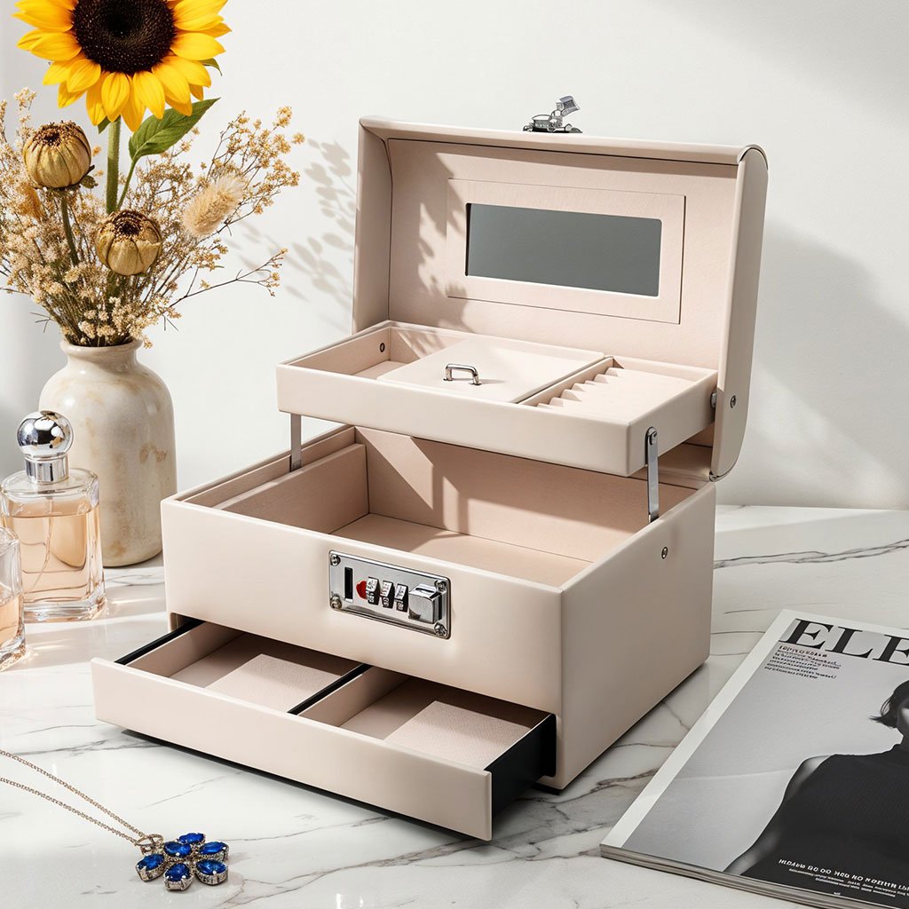 Boîte de rangement bijoux bijou avec miroir et serrure tiroir coulissant
