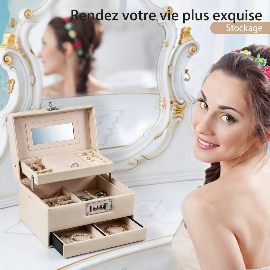 Boîte de rangement bijoux bijou avec miroir et serrure tiroir coulissant