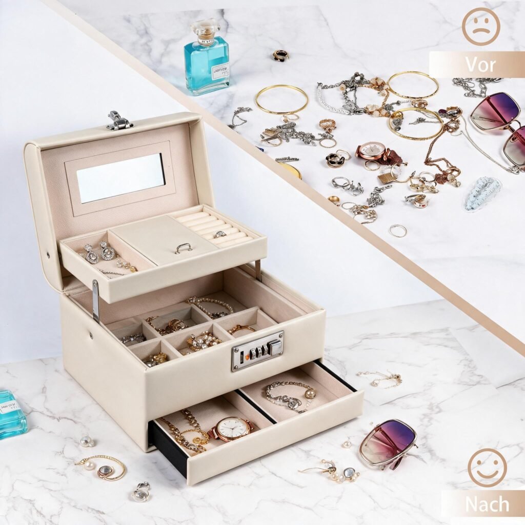 Boîte de rangement bijoux bijou avec miroir et serrure tiroir coulissant